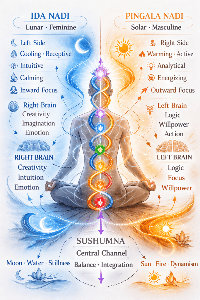 Ida Nadi flowing along the left side of the spine, representing lunar, calming energy and introspection in the subtle body